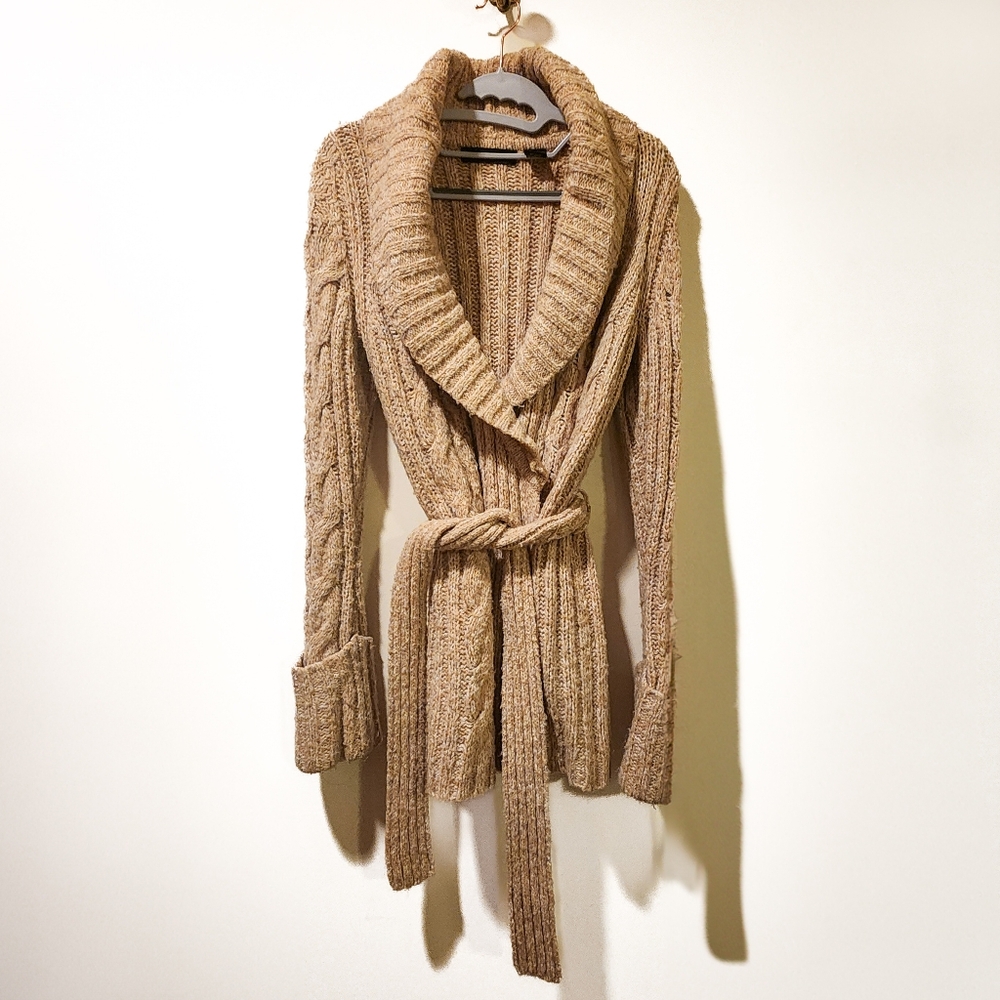 EXPRESS - Knitted Front Tie Belted Cardigan in Camel / Beige / Sand, Size M